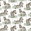 Cartoon Zebra in Grass Seamless Pattern. Cute Safari Animal Background. Hand Drawn Kawaii Kid Motif Illustration Doodle in Flat Royalty Free Stock Photo