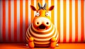 Cartoon zebra sitting on top of orange and white striped couch with surprised look on its face. Generative AI