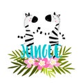 Cartoon zebras with tropical flowers, leaves and lettering Jungle!