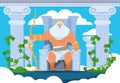 Cartoon Zeus. Legendary god character of Ancient Greek mythology on Olympus mountain. Vector mythology illustration