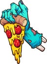 Cartoon zombie hand holding a slice of pepperoni pizza