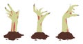 Cartoon zombie hands. Spooky monsters bony scrawny arms sticking out of ground, Halloween creepy hands silhouettes flat vector