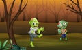 Cartoon zombies walking in the forest