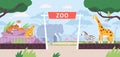 Cartoon zoo park entrance gate with savannah and jungle animals. Flat safari landscape with zebra, african elephant and