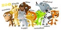 Cartoon zoo scene with zoo animals friends together in amusement park on white background with space for text illustration for Royalty Free Stock Photo