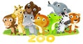 Cartoon zoo scene with zoo animals friends together in amusement park on white background with space for text illustration for Royalty Free Stock Photo