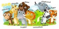 Cartoon zoo scene with zoo animals friends together in amusement park on white background with space for text illustration for Royalty Free Stock Photo