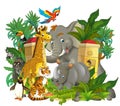 Cartoon zoo scene near the entrance with different animals - amusement park Royalty Free Stock Photo