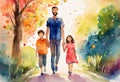 Cartooned image of family. Father with daughter and son walk holding hands. Royalty Free Stock Photo