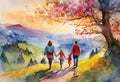 Cartooned image of family. Family walk holding hands. Back view. Royalty Free Stock Photo