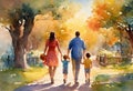 Cartooned image of family. Family walk holding hands. Back view. Royalty Free Stock Photo