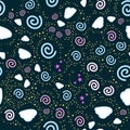 Cartooned seamless pattern with stars and clouds, vector illustration background