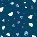 Cartooned seamless pattern with stars and clouds, vector illustration background