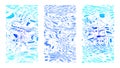 Cartoonish abstract background set. Vertical blue rippled water surface, illusion, curvature. Liquid on canvas Royalty Free Stock Photo