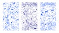 Blue on white vector backdrops. Cartoonish abstract background set. Vertical rippled water surface with curvature illusion