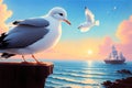 Cartoonish atlantic seabird, seagull. Sea Gull, bird in a cartoon style painting. Generative ai art illustration Royalty Free Stock Photo