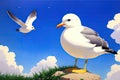 Cartoonish atlantic seabird, seagull. Sea Gull, bird in a cartoon style painting. Generative ai art illustration Royalty Free Stock Photo