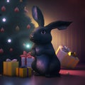 cartoonish black rabbit in front of decorated christmas tree near gift box, neural network generated art