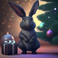 cartoonish black rabbit in front of decorated christmas tree near gift box, neural network generated art