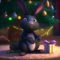 Cartoonish black rabbit in front of decorated christmas tree near gift box, neural network generated art