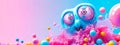 cartoonish blue character with large, expressive eyes, submerged in a dynamic and colorful liquid environment with pink