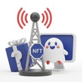 Cartoonish 3D Illustration of NFT Concept with Gift, Tower, and Ghost on Computer Screen Royalty Free Stock Photo