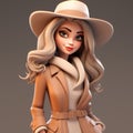 Cartoonish 3d Model Of An Attractive Woman In Trench Coat And Hat