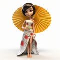 Cartoonish 3d Render Of Beautiful Girl In Japonisme-inspired Dress With Umbrella