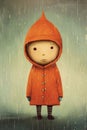 A cartoonish figure wearing an orange coat stands in the rain with a sad expression