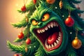 Cartoonish green monster with teeth and tongue hanging out