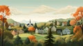 Cartoonish Illustration Of Woodbury, Connecticut With Charming Houses And Serene Mountains