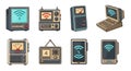 Cartoon set of retro communication devices with different network strength. Royalty Free Stock Photo