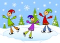 Cartoonish Kids Ice Skating on Pond Royalty Free Stock Photo