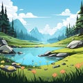 Cartoonish Landscape With Lake, Trees, And Rocks