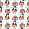 Cartoonish penguins with balloons and a lettering phrase - Dream big. The sweet seamless pattern