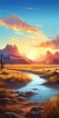 Cartoonish Realism: Stunning Sunset Desert With Flowing Stream Royalty Free Stock Photo