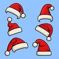 Cartoonish Santa hats. Santa Claus Christmas holiday caps, celebration fluffy plush cute red winter headwear