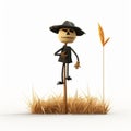 Cartoonish Skeleton Scarecrow On Grass: Minimalistic 3d Animation