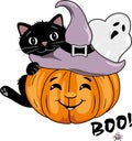 Cartoonish smiling pumpkin with black cat and ghost Royalty Free Stock Photo