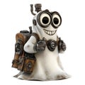 Cartoonish White Ghost Character with Steampunk Backpack and Goggles Isolated on White Background in 3D Rendered Style Royalty Free Stock Photo