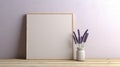 Cartoonish Wooden Frame With Lavender On Purple Table