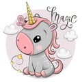 Cartoonl unicorn with gold horn and clouds