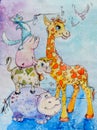 Cartoons animals watercolors painted