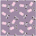 Cartoons eyes and mouths of frightened monsters on violet seamless pattern