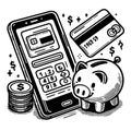 Cartoons about finances, saving, investing, the present and the future with applications on smartphones and ATM cards. Credit Royalty Free Stock Photo