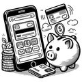 Cartoons about finances, saving, investing, the present and the future with applications on smartphones and ATM cards. Credit Royalty Free Stock Photo