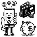 Cartoons about finances, saving, investing, the present and the future with applications on smartphones and ATM cards. Credit Royalty Free Stock Photo