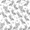 Cartoons monochrome owl art design seamless pattern stock vector illustration for coloring book