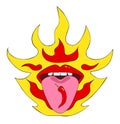 Cartoons pop art red lips on fire background. Female mouth with spicy chili pepper on tongue