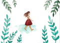 Cartoons watercolors girl on nature background, Book illustration
